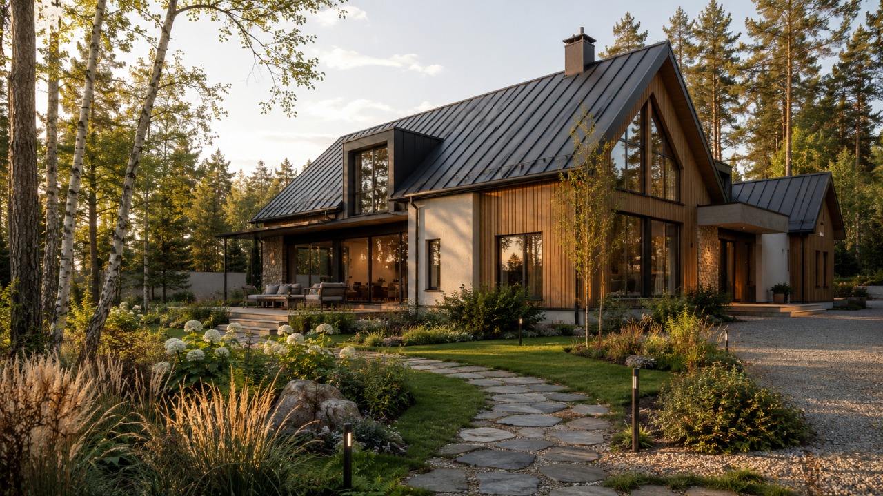 Современный загородный дом с панорамным остеклением в окружении леса